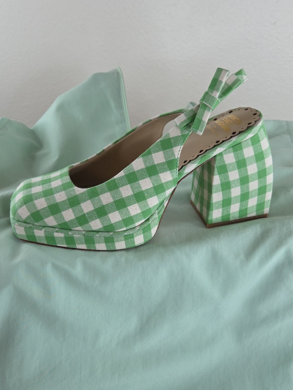 ANTONIO MELANI Sz 8M Green and White Gingham Platform Slingback Heels. NWT$150